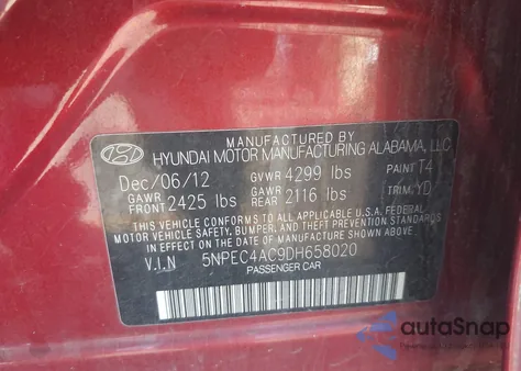 2013 Hyundai Sonata Limited из США, поврежденный, VIN 5NPEC4AC9DH658020